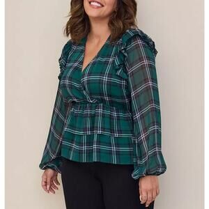 Torrid Chiffon Ruffled Surplice Crop Top Long Sleeve Plaid Green Womens Size 1